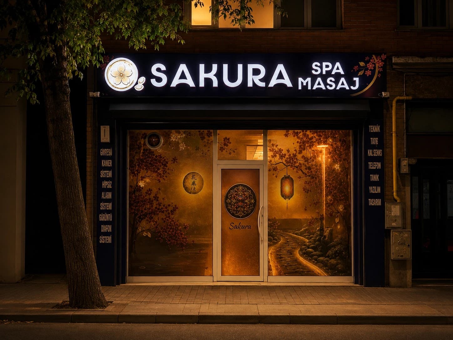 Sakura Masaj salonunun gece dış görünümü